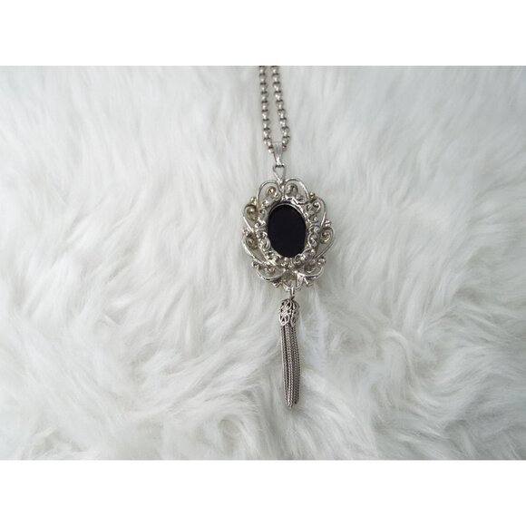 Vintage Whiting & Davis Silver Tone Black Cabochon Pendant Necklace - Picture 6 of 10